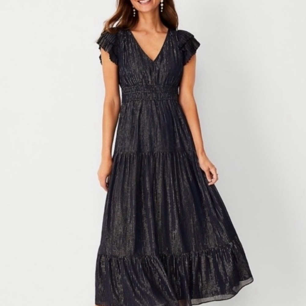 Ann Taylor Shimmer Stripe Flutter Sleeve Maxi Dress - Navy Blue with Gold